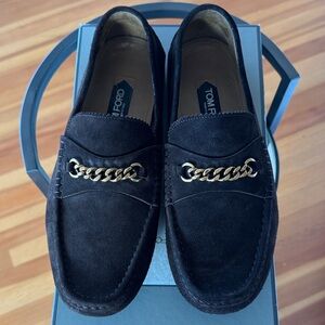 TOM FORD Brown Suede Loafers with Gold Chain